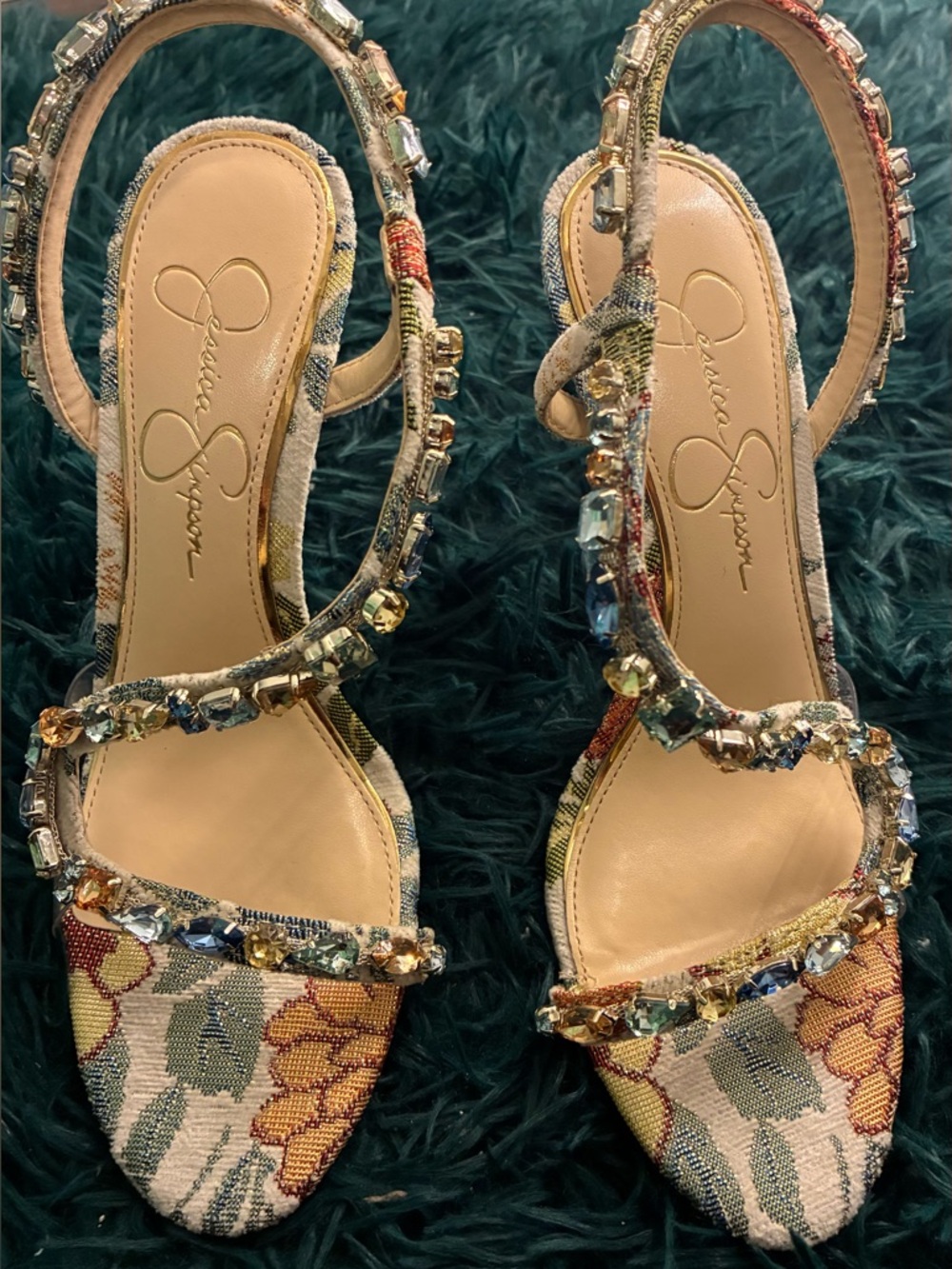 Jessica Simpson Multicolor Floral Jeweled Slingback Sandals Size 6.5. EUC